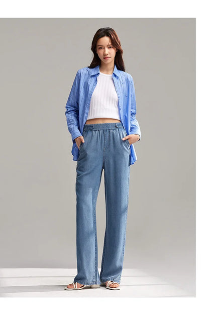 Semir Jeans Women Elastic Waist Trousers Simple Style 2024 Summer New Wide-Legged Trousers