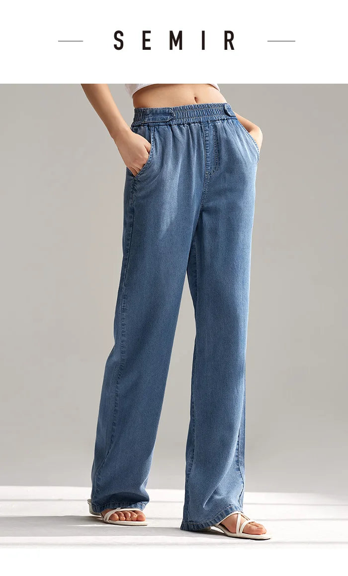 Semir Jeans Women Elastic Waist Trousers Simple Style 2024 Summer New Wide-Legged Trousers