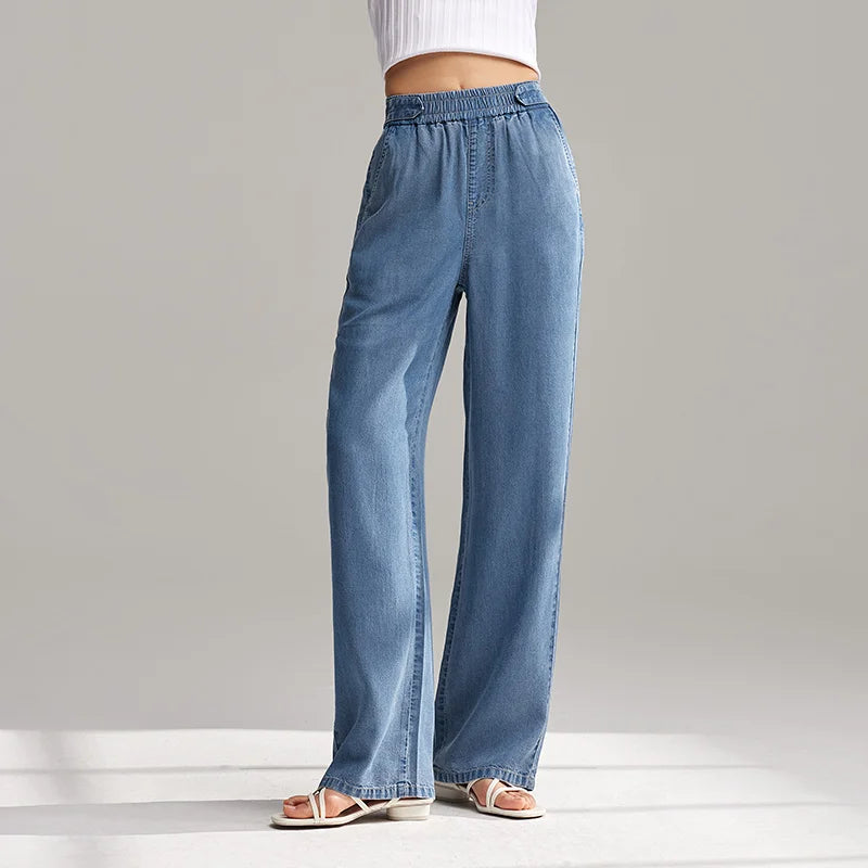 Semir Jeans Women Elastic Waist Trousers Simple Style 2024 Summer New Wide-Legged Trousers